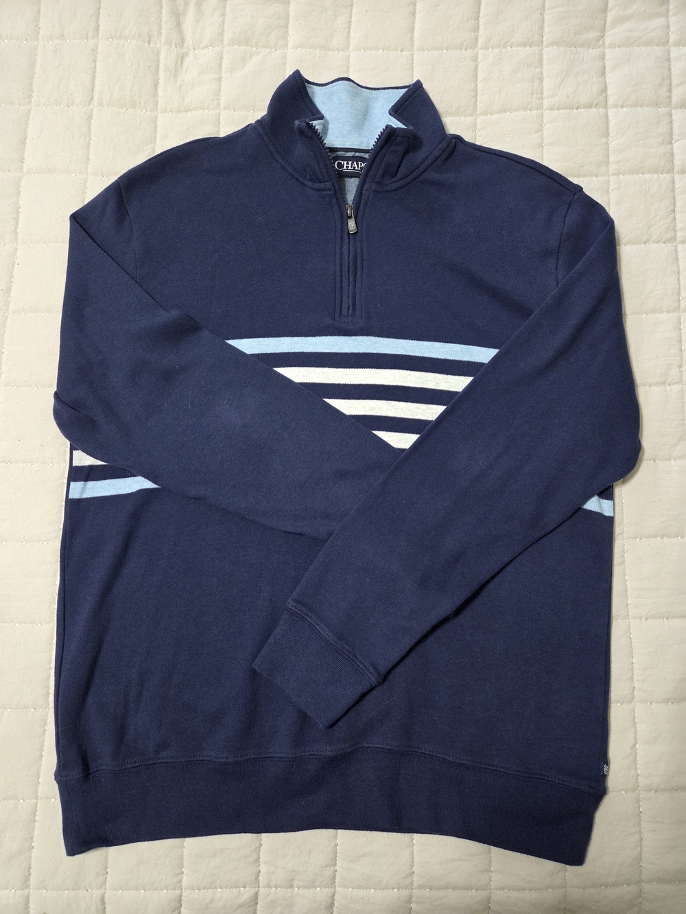 Chaps Men’s Navy Half-Zip Sweater with Light Blue and White Stripes